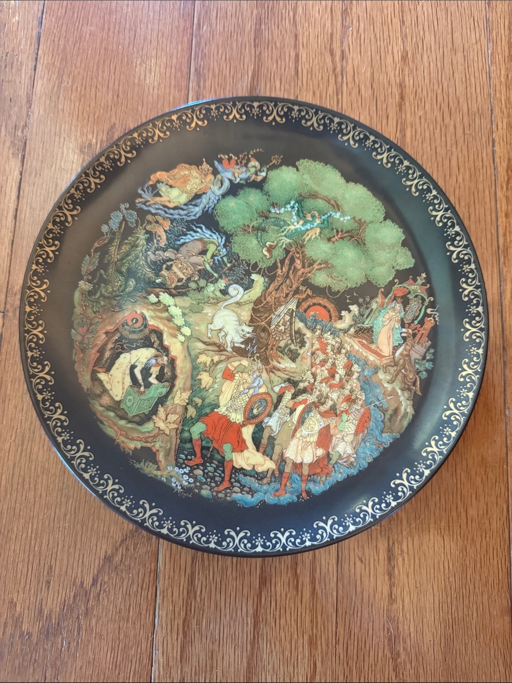 Decorative Black Lacquer Wall Plate with Multicolor Folklore Scene